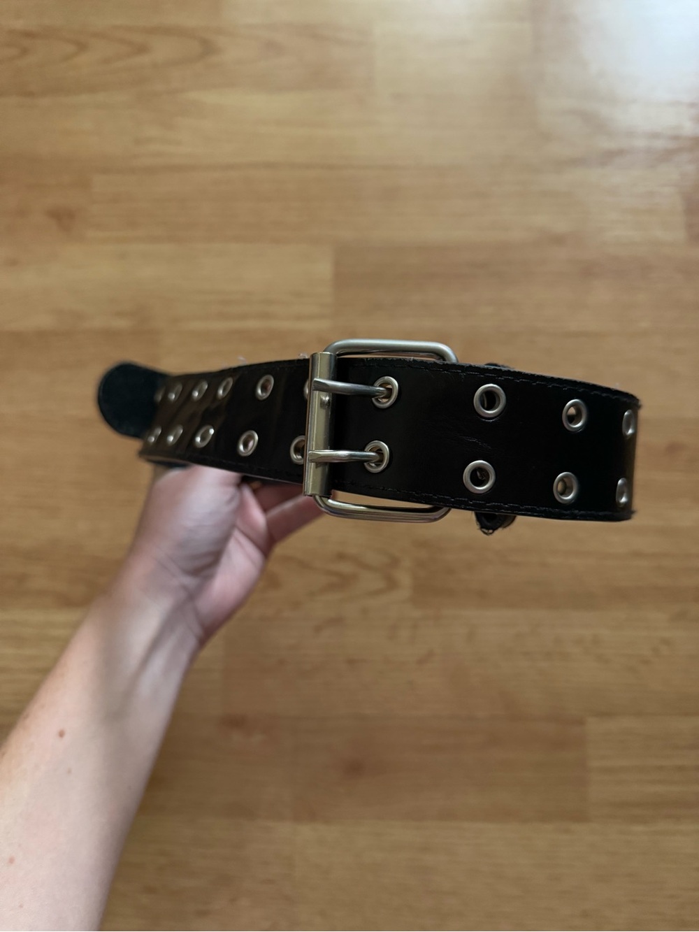 VTG Black Genuine Leather Double Grommet Belt Suede Lining Silver Eyelet S